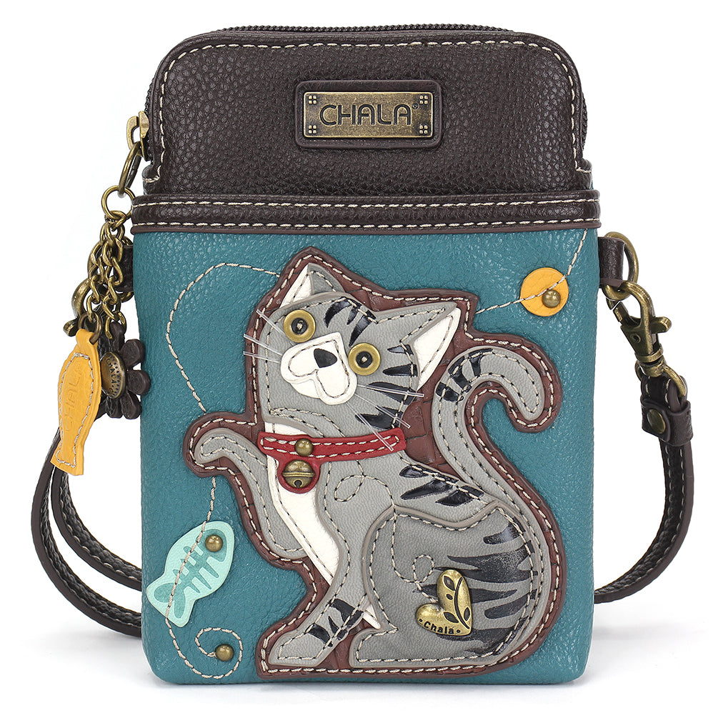 Chala Cellphone Xbody: Gray Tabby Cat - Turquoise
